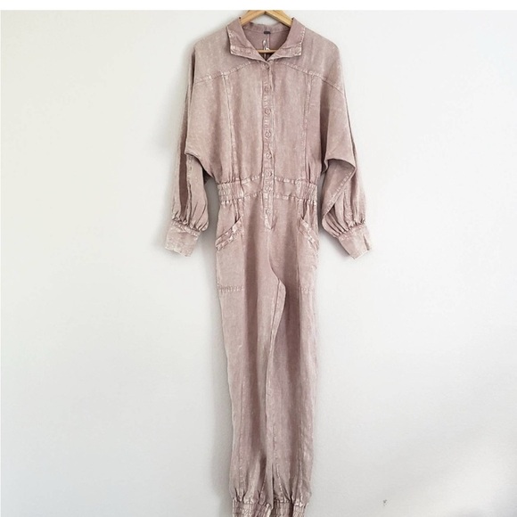 YFB Louie Long Sleeve Linen Jumpsuit in Blush Pink - Picture 2 of 6
